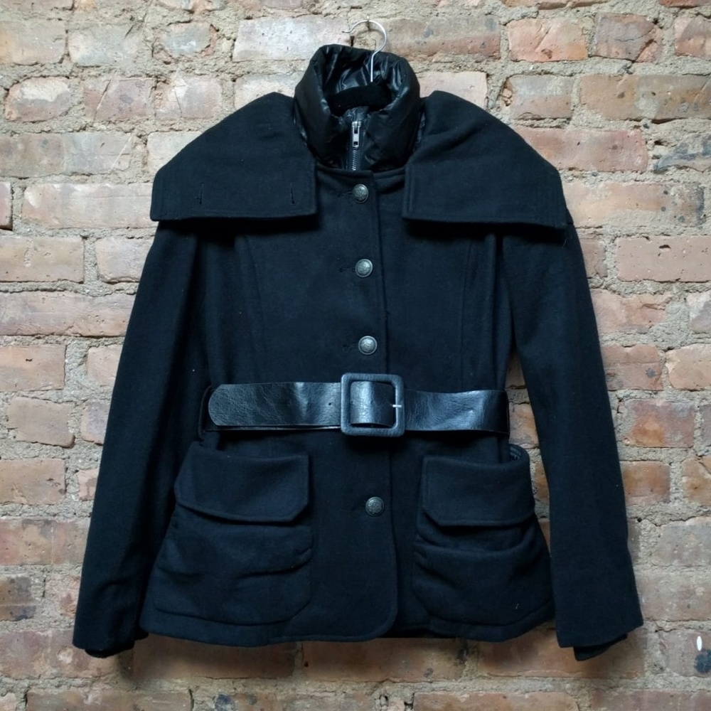 Black Wool Winter Coat With Leather Belt